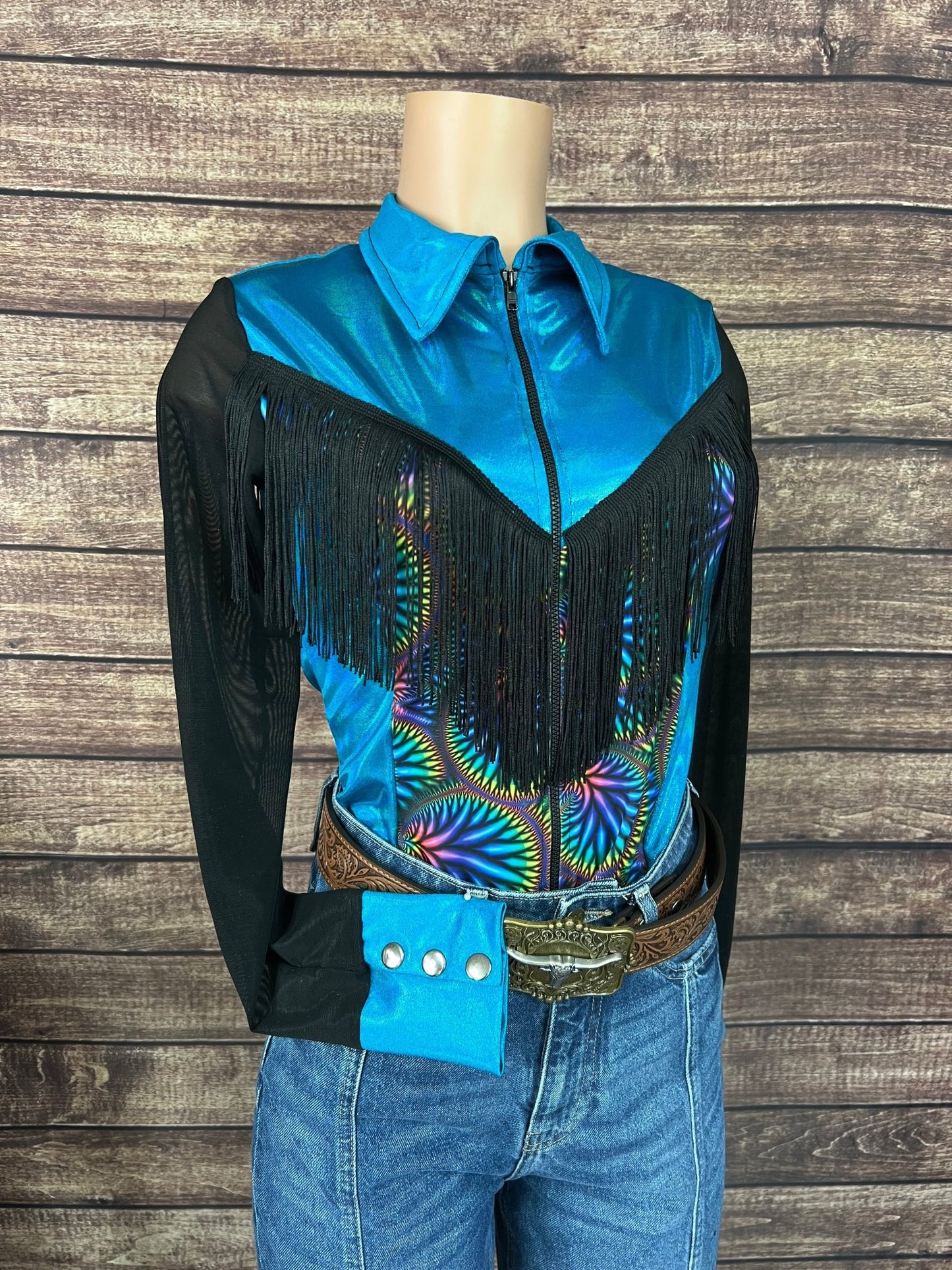 Cassidy Zipper Front Rodeo Shirt with Yoke Fringe and Mesh Sleeves - Riverside Rodeo Shirts