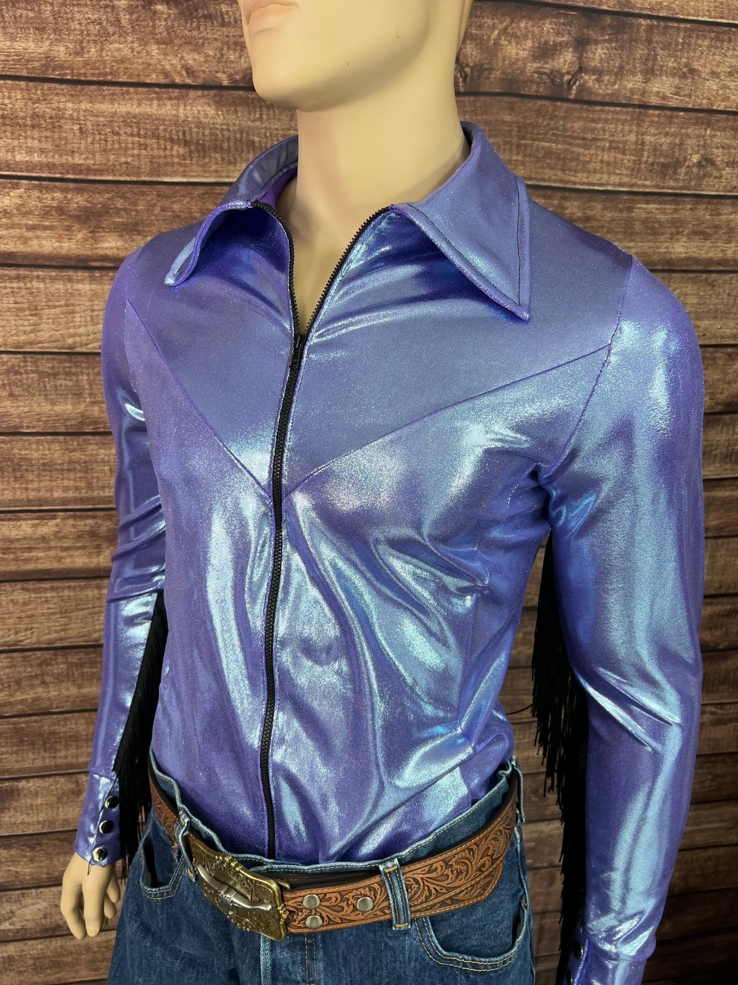 Mens Lavender Ice Zipper Front Rodeo Shirt with Black Fringe - Riverside Rodeo Shirts