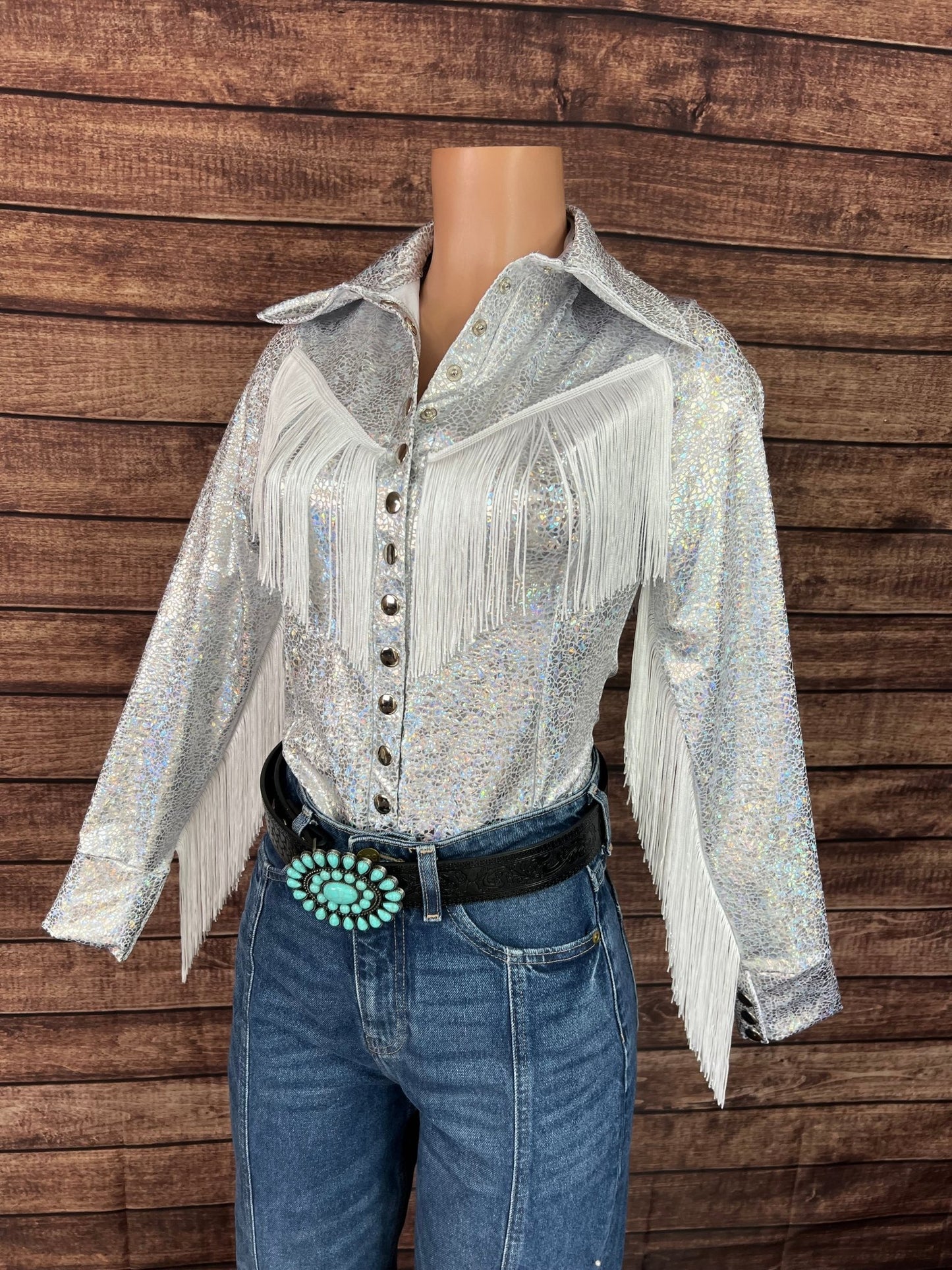 Mesh Sleeve Isabella Snap Front Rodeo Shirt with Sleeve and Yoke Fringe - Riverside Rodeo Shirts