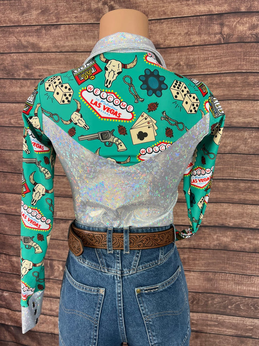 White Kaleidoscope & Green Vegas Print Zipper Front Rodeo Shirt with Snap Cuffs - Riverside Rodeo Shirts