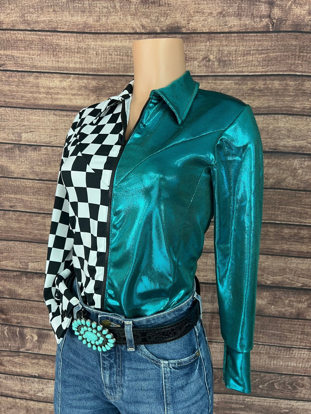 Split Second Rodeo Shirt in Teal and Checkered - Riverside Rodeo Shirts