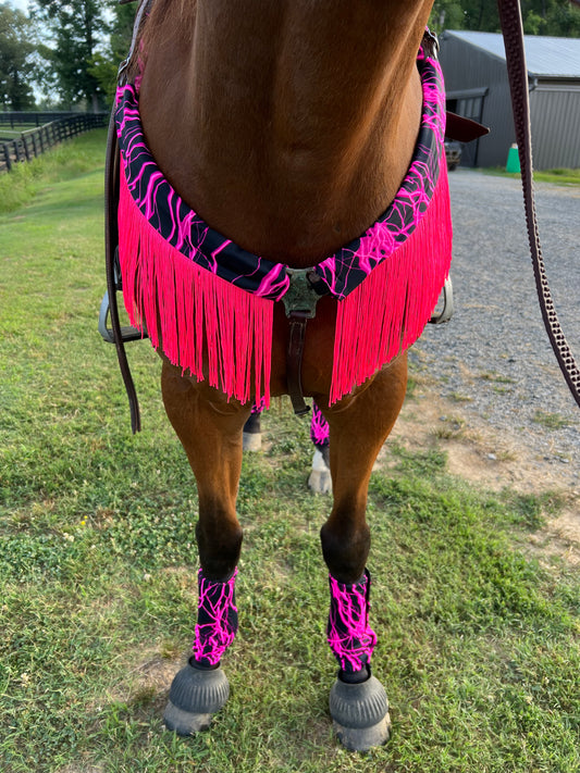 Neon Pink Lightning Breast Collar Cover with Chainette Fringe (Covers ONLY)