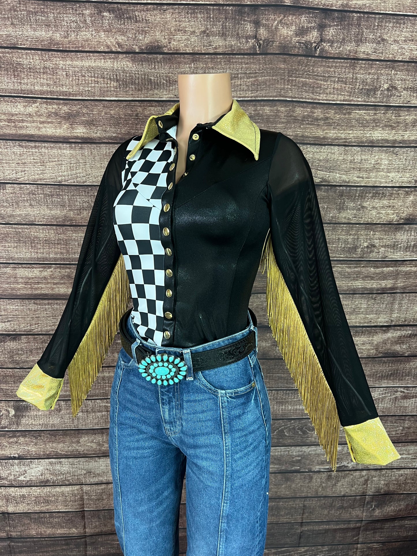 Double Take Zipper Front Rodeo Shirt with Back Yoke Fringe and Mesh Sleeves