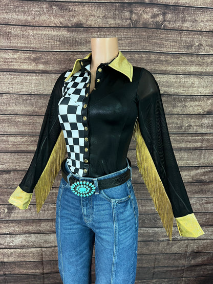 Double Take Zipper Front Rodeo Shirt with Back Yoke Fringe and Mesh Sleeves