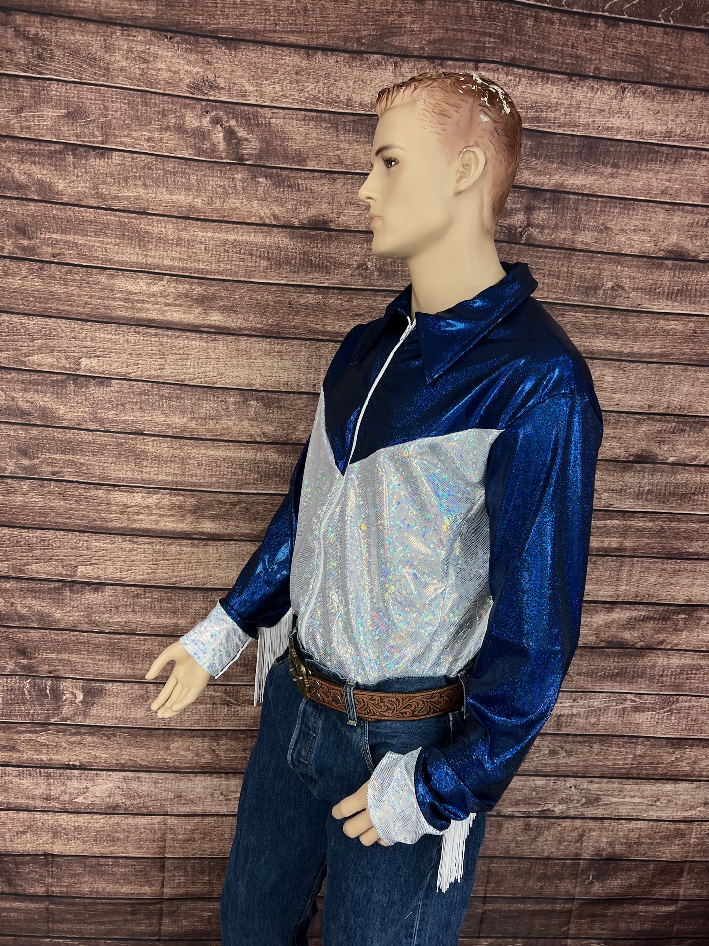 Mens Blue and White Zipper Front Rodeo Shirt with Fringe