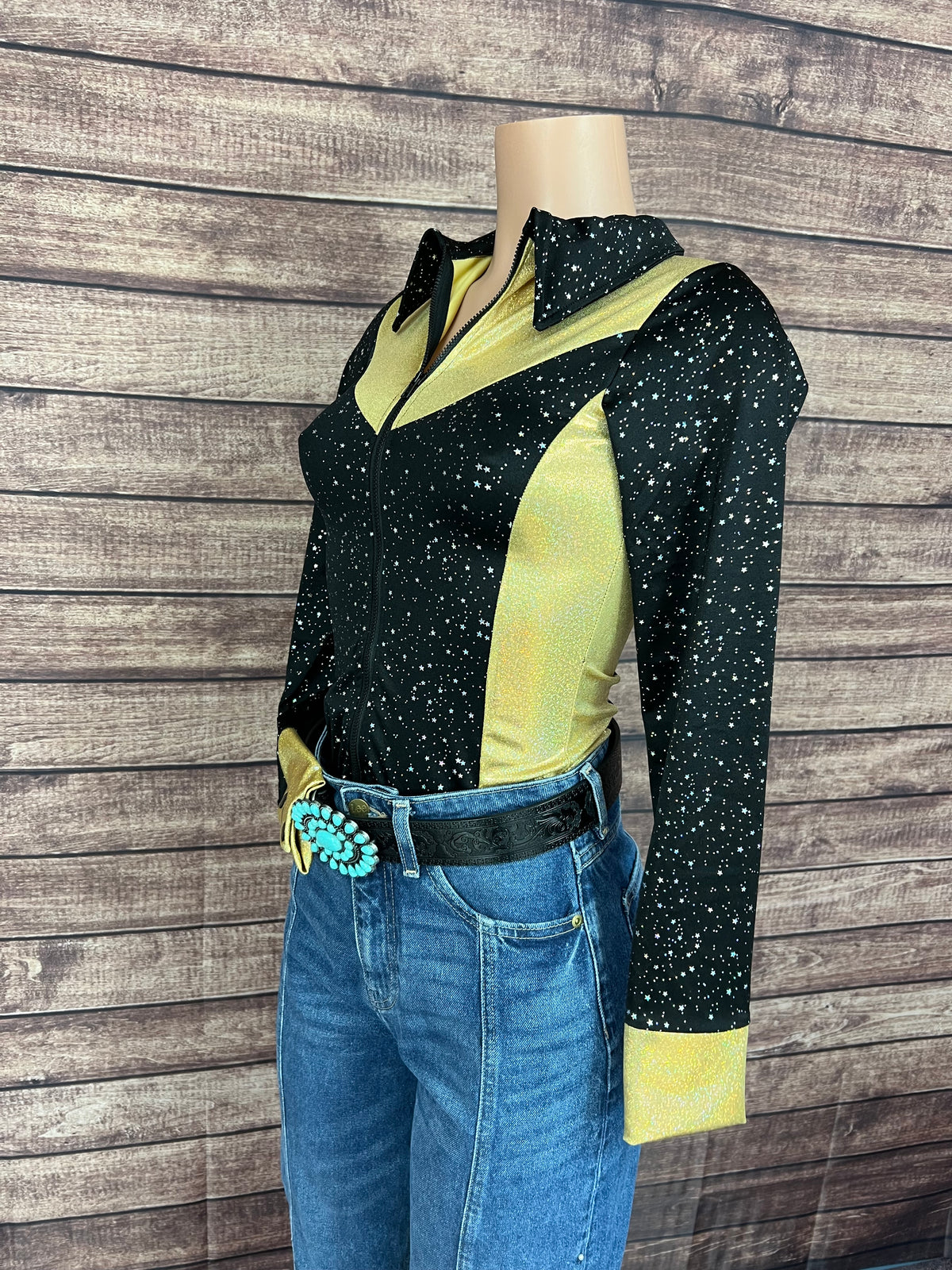 Gold and Black Rodeo Shirt with Zipper Front