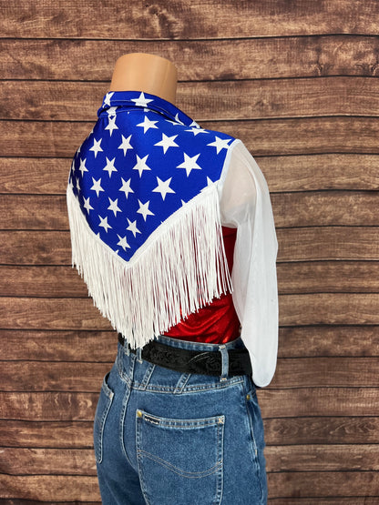 Independence Mesh Sleeve, Zipper Front Rodeo Shirt with Yoke Fringe