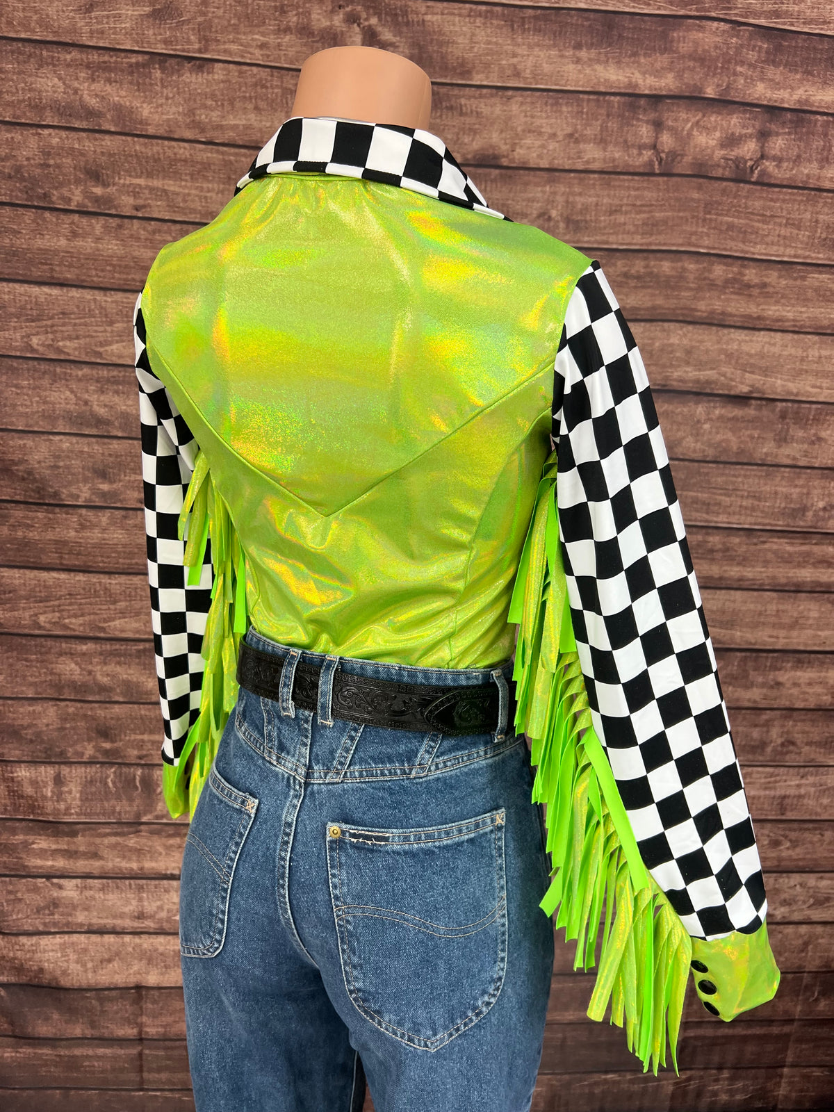 Neon Lime Checks Snap Front Rodeo Shirt with 6" Thunderbird Fringe