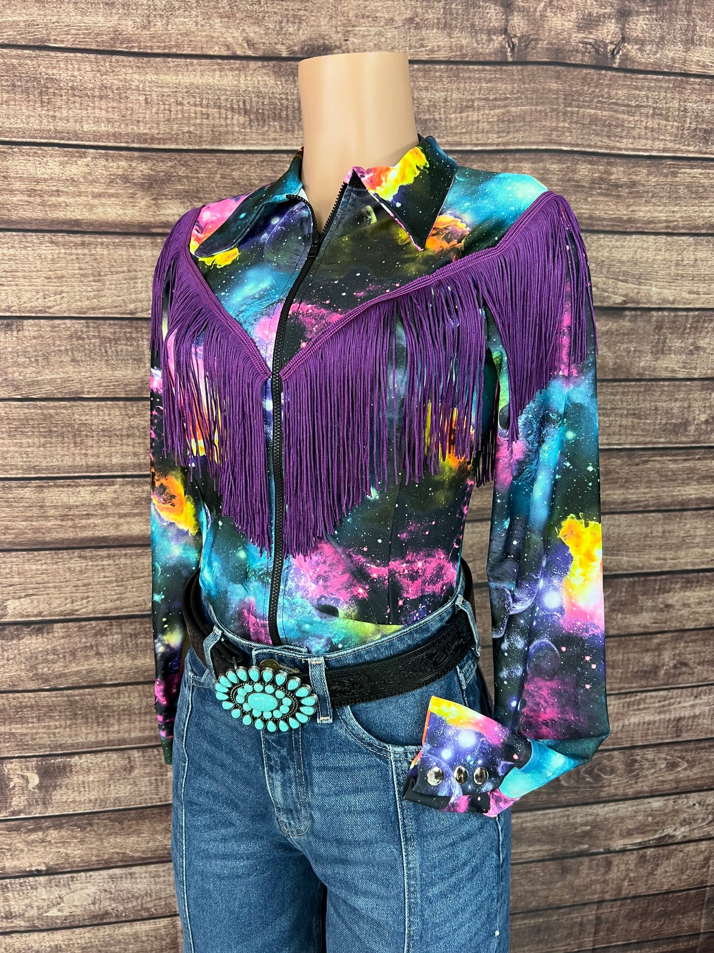 Twila Zipper Front Rodeo Shirt with Over the Shoulder Yoke Fringe