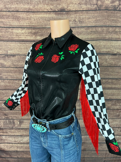 Run for the Roses Zipper Front Rodeo Shirt with Fringe