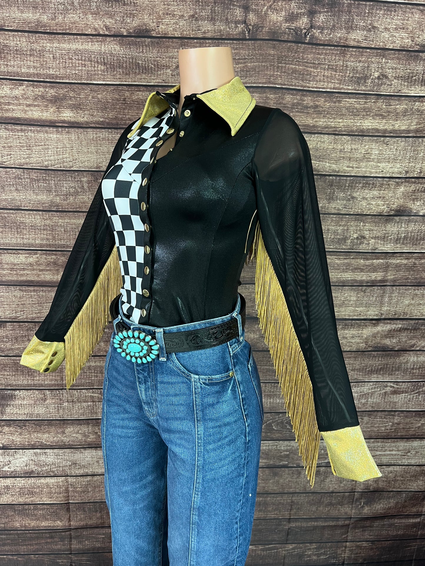 Double Take Zipper Front Rodeo Shirt with Back Yoke Fringe and Mesh Sleeves