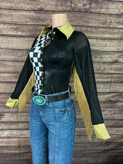 Double Take Zipper Front Rodeo Shirt with Back Yoke Fringe and Mesh Sleeves