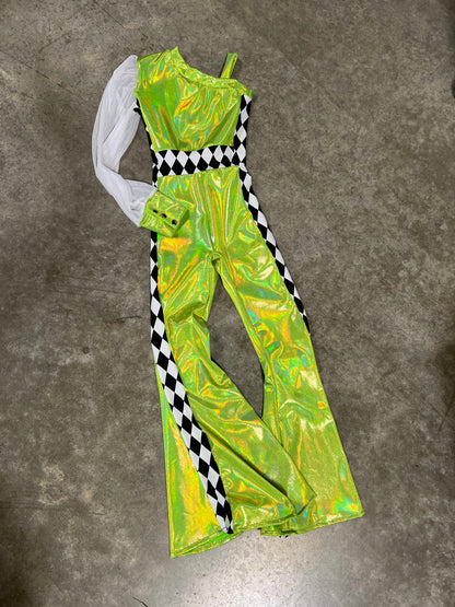Kids Neon Green and Diamond One Sleeve Trick Rider Jumpsuit