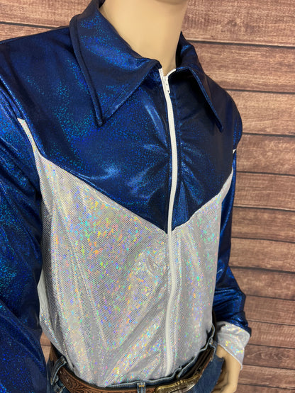 Mens Blue and White Zipper Front Rodeo Shirt with Fringe