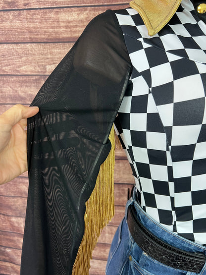 Double Take Zipper Front Rodeo Shirt with Back Yoke Fringe and Mesh Sleeves