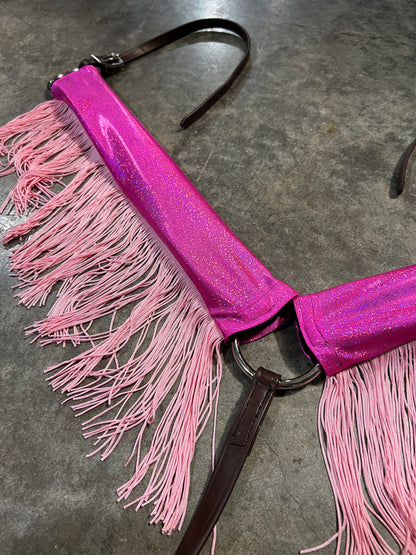 Neon Pink Sparkly Jewel Holographic Breast Collar Cover with Baby Pink Chainette Fringe (Covers ONLY)