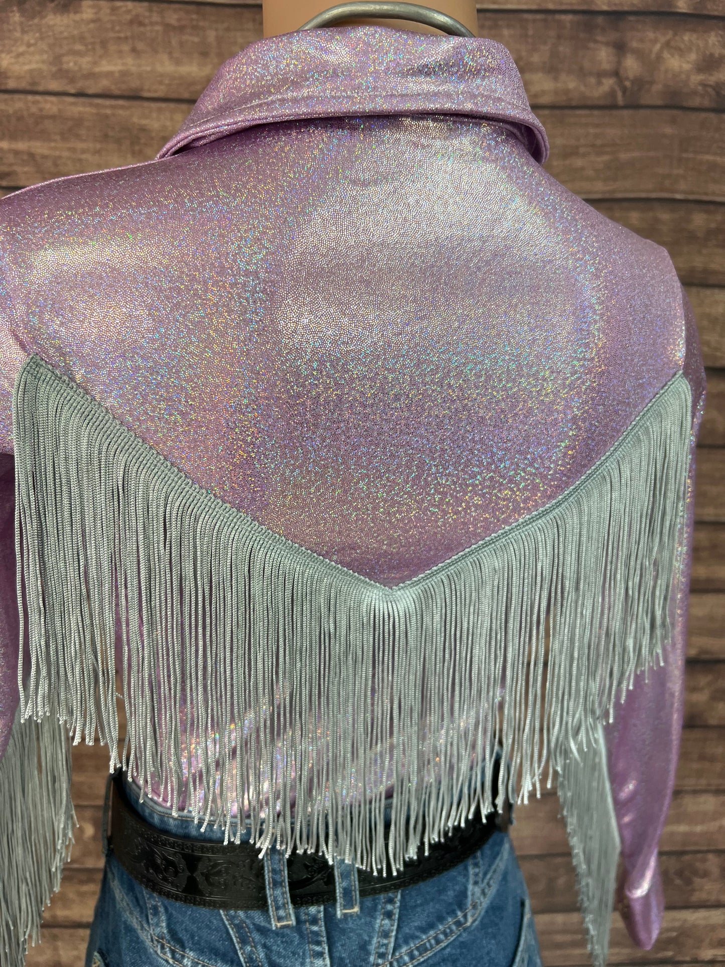 Lilac Sparkle Zipper Front Rodeo Shirt with Silver Fringe on Sleeves AND Yoke