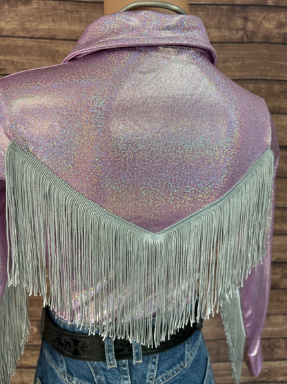 Lilac Sparkle Zipper Front Rodeo Shirt with Silver Fringe on Sleeves AND Yoke