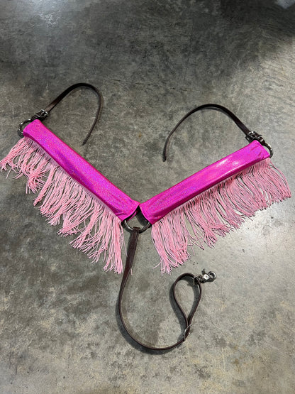 Neon Pink Sparkly Jewel Holographic Breast Collar Cover with Baby Pink Chainette Fringe (Covers ONLY)