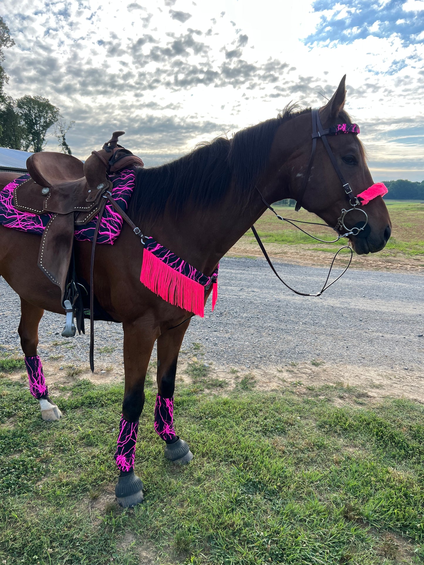 Neon Pink Lightning Breast Collar Cover with Chainette Fringe (Covers ONLY)