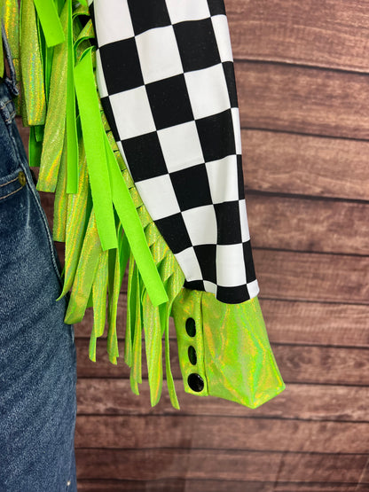 Neon Lime Checks Snap Front Rodeo Shirt with 6" Thunderbird Fringe