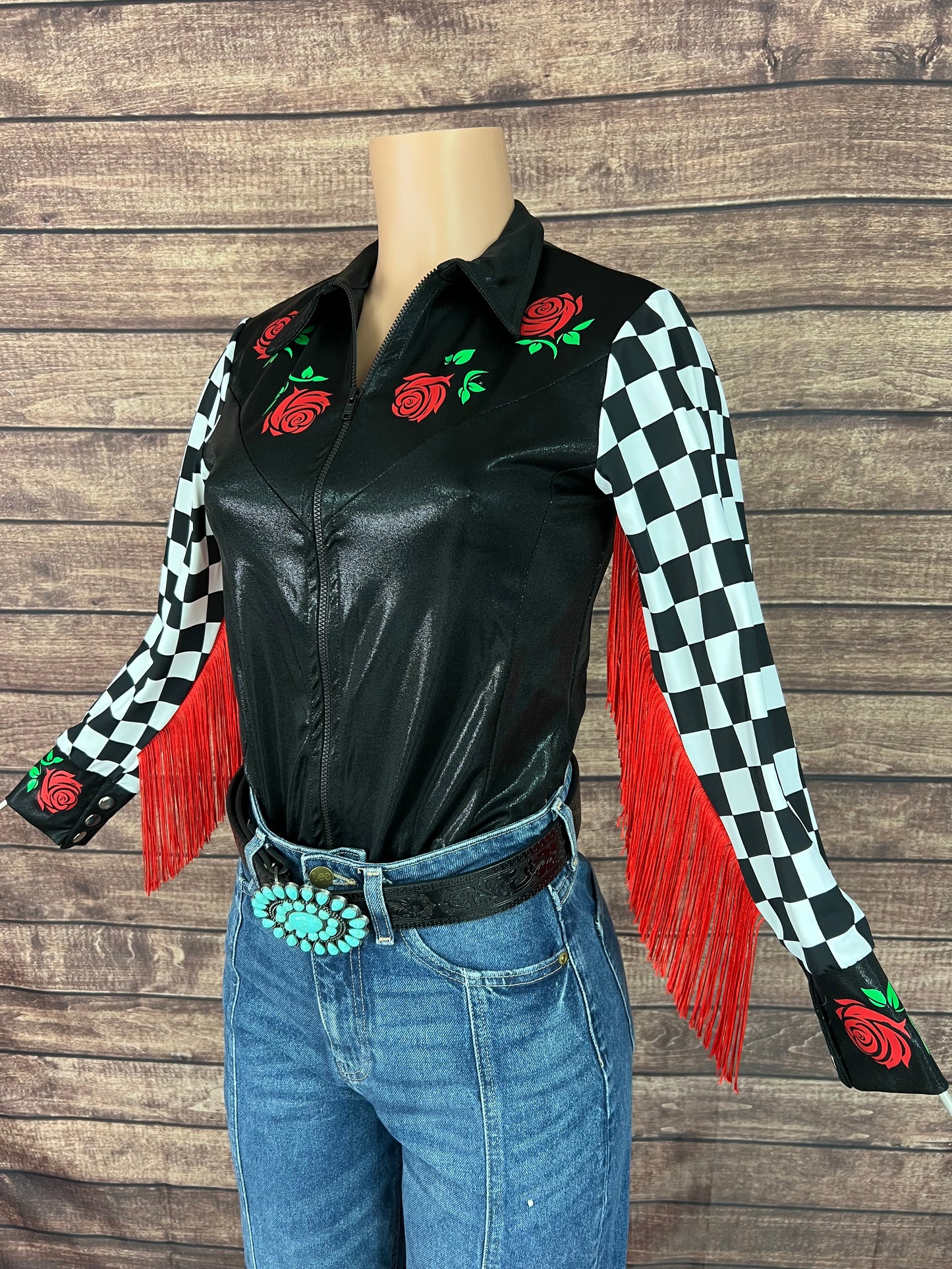 Run for the Roses Zipper Front Rodeo Shirt with Fringe