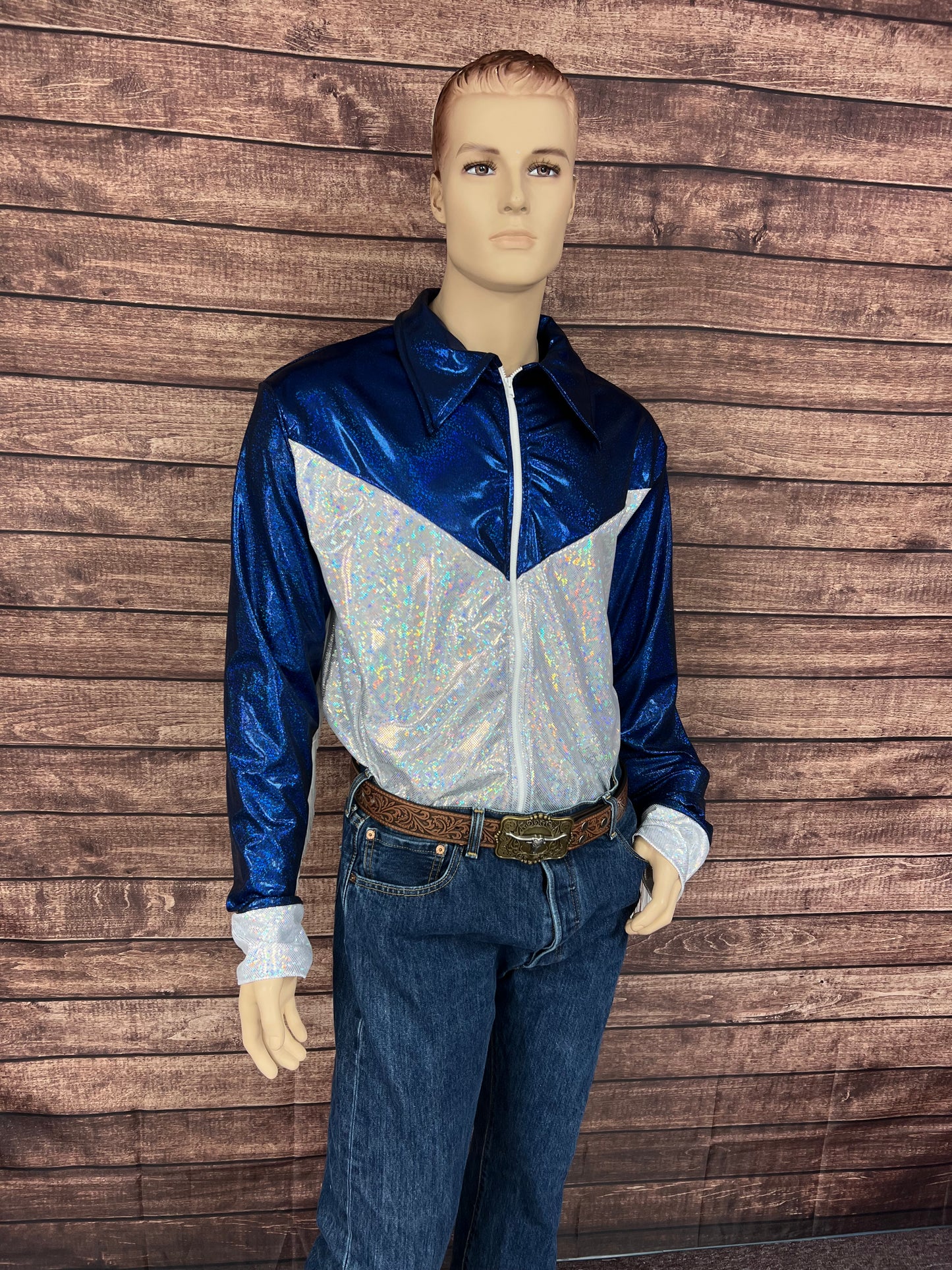 Mens Blue and White Zipper Front Rodeo Shirt with Fringe