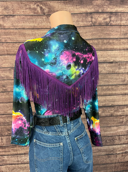 Twila Zipper Front Rodeo Shirt with Over the Shoulder Yoke Fringe