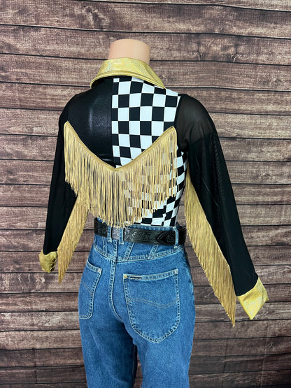 Double Take Zipper Front Rodeo Shirt with Back Yoke Fringe and Mesh Sleeves