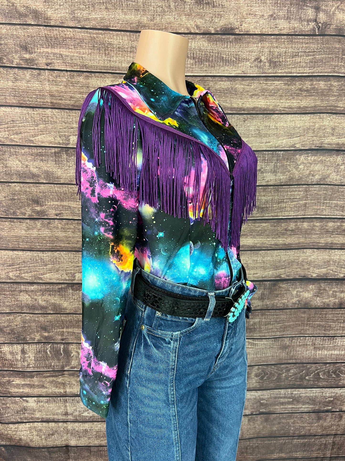 Twila Zipper Front Rodeo Shirt with Over the Shoulder Yoke Fringe