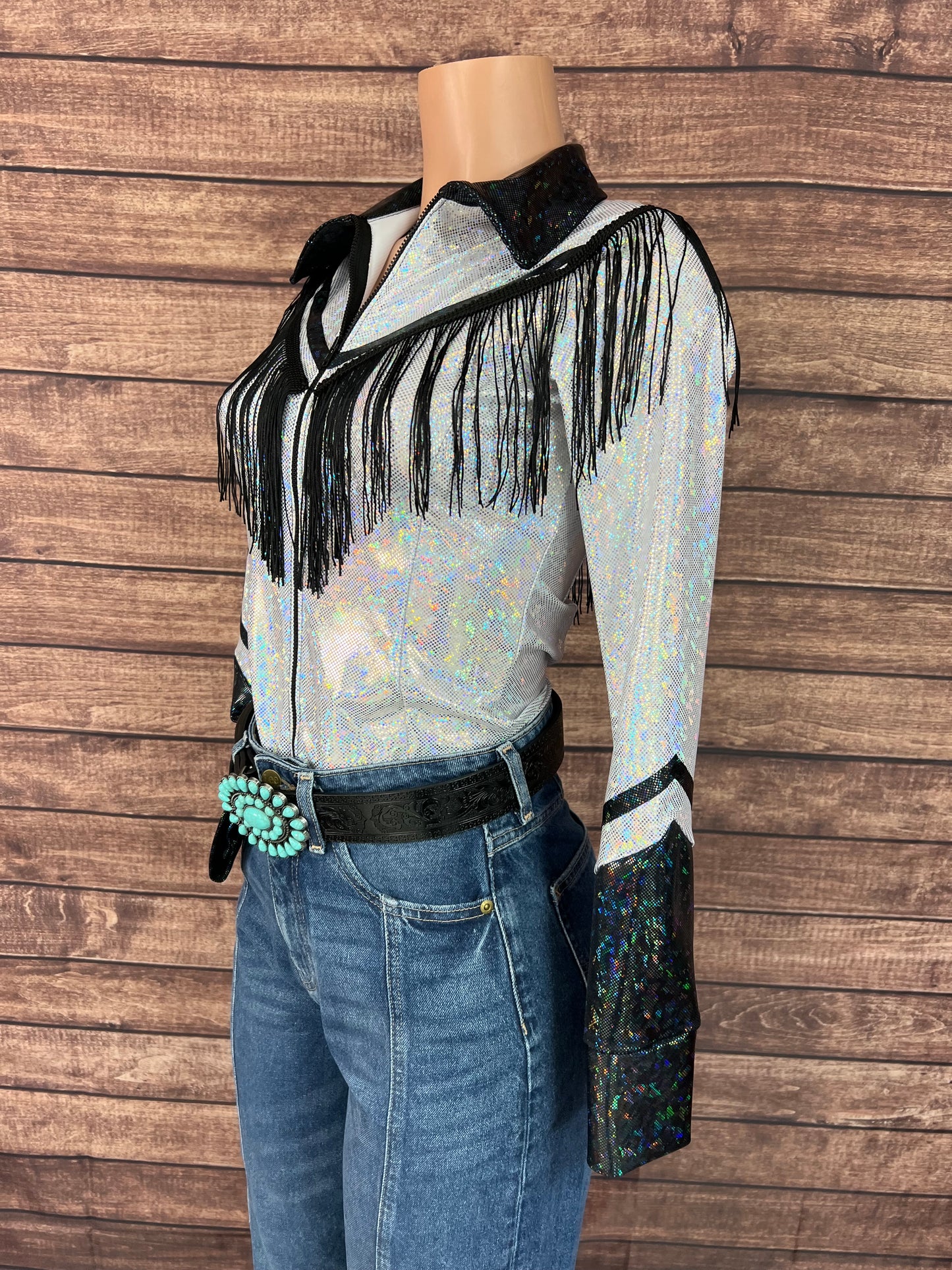 Houston Zipper Front Rodeo Shirt with Over the Shoulder Yoke Fringe