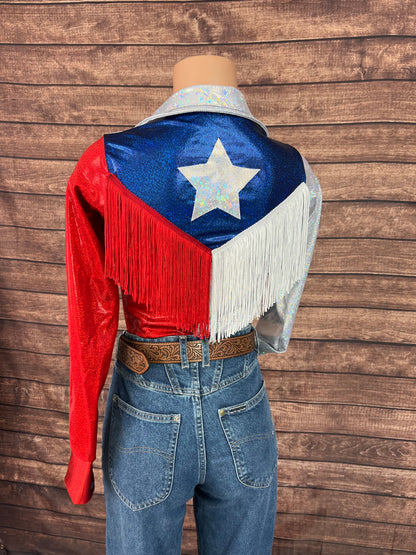 The Texan Zipper Front Rodeo Shirt with Star Applique and Back Yoke Fringe