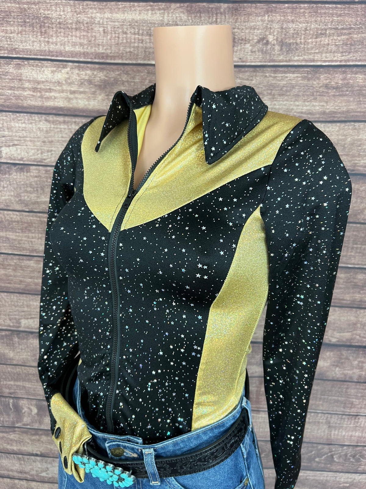 Gold and Black Rodeo Shirt with Zipper Front