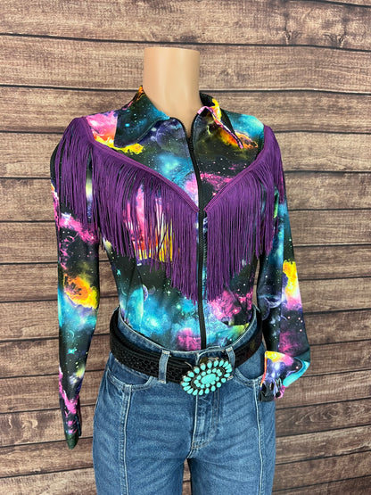 Twila Zipper Front Rodeo Shirt with Over the Shoulder Yoke Fringe