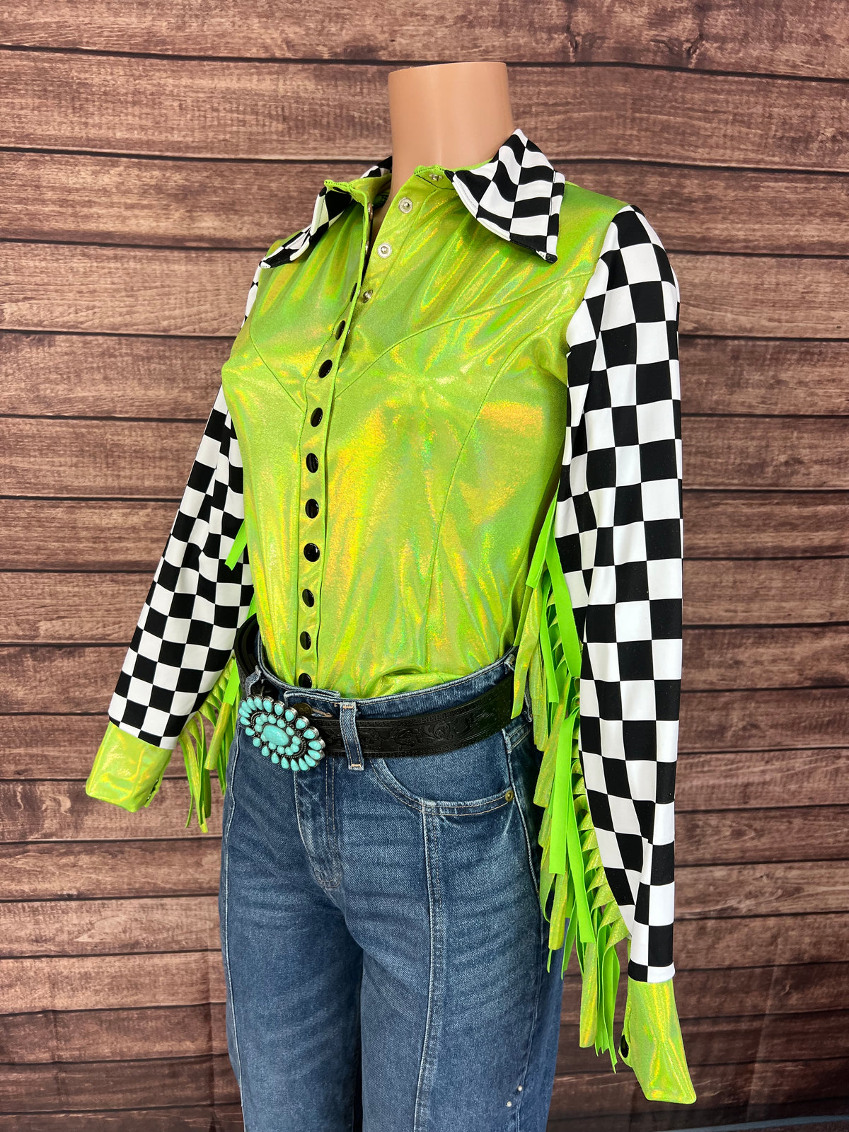 Neon Lime Checks Snap Front Rodeo Shirt with 6" Thunderbird Fringe