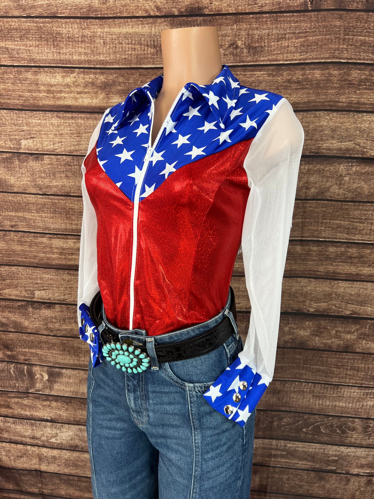 Independence Mesh Sleeve, Zipper Front Rodeo Shirt with Yoke Fringe