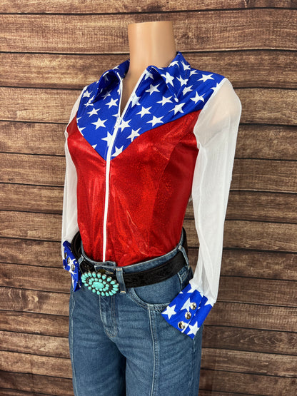 Independence Mesh Sleeve, Zipper Front Rodeo Shirt with Yoke Fringe