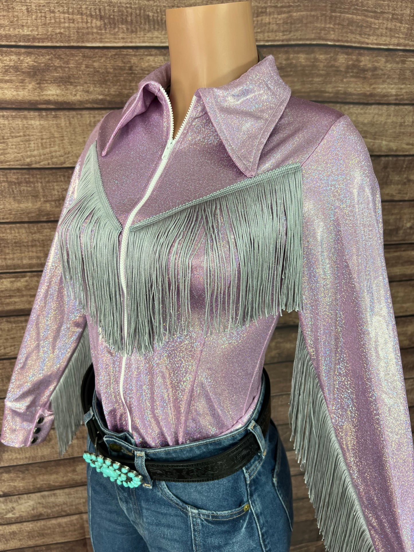 Lilac Sparkle Zipper Front Rodeo Shirt with Silver Fringe on Sleeves AND Yoke