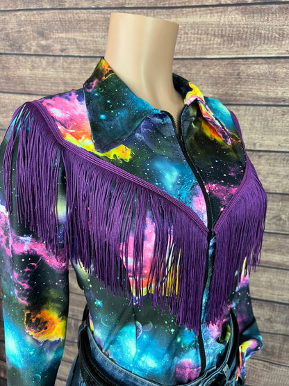 Twila Zipper Front Rodeo Shirt with Over the Shoulder Yoke Fringe