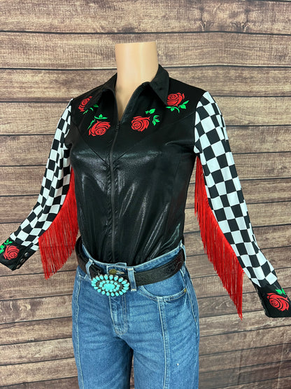 Run for the Roses Zipper Front Rodeo Shirt with Fringe