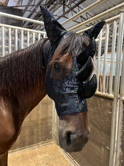 Black Dragon Scale Triple Horn Dragon Costume Mask for Horses