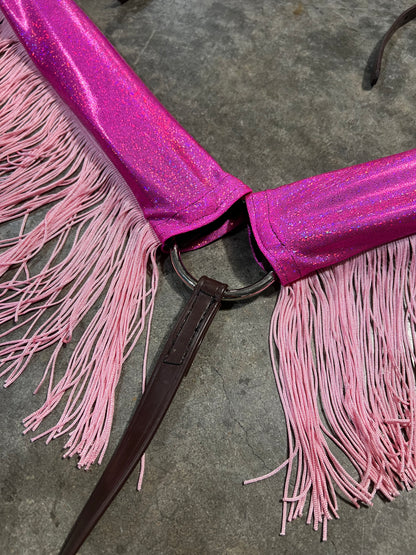 Neon Pink Sparkly Jewel Holographic Breast Collar Cover with Baby Pink Chainette Fringe (Covers ONLY)