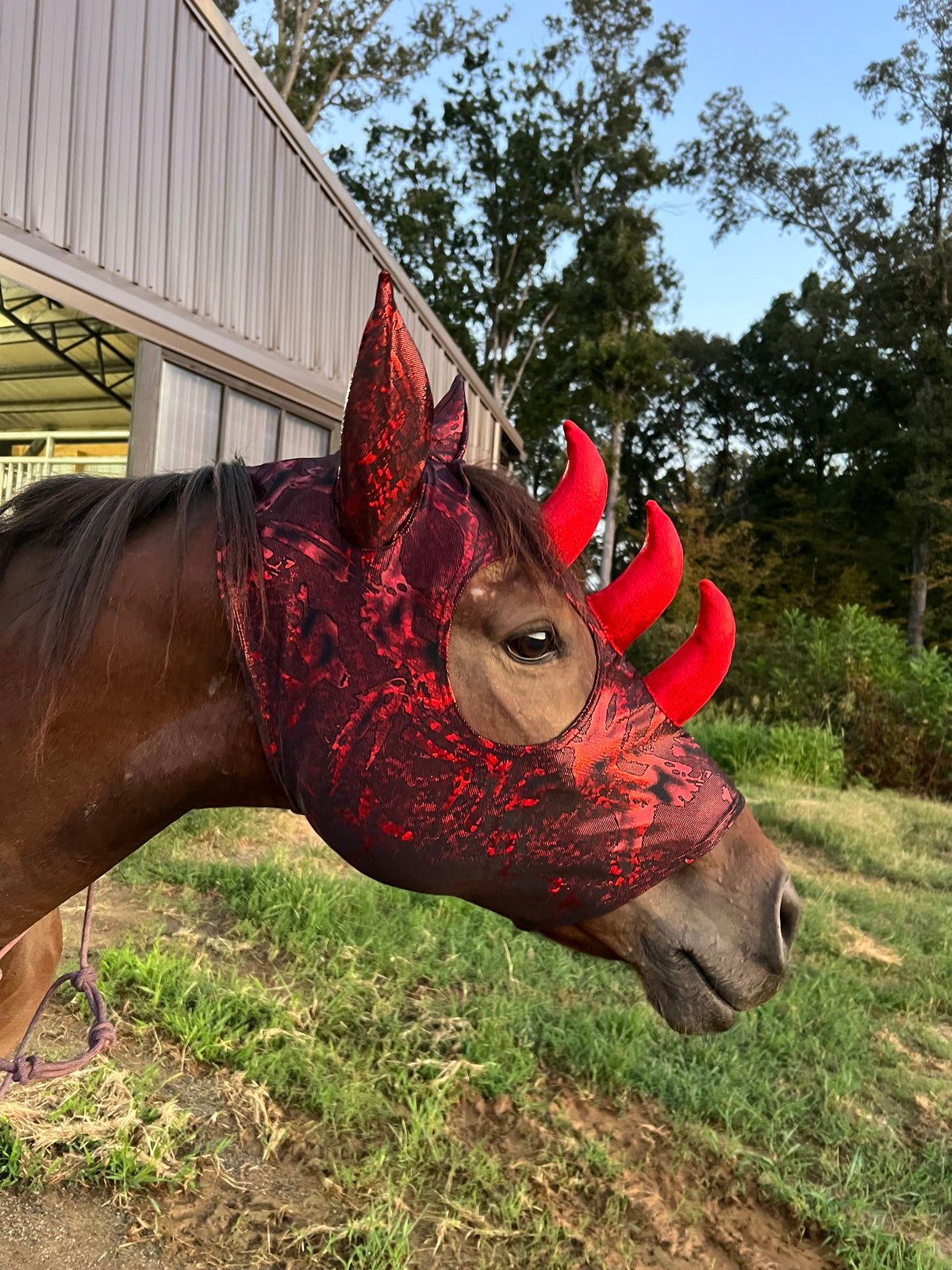 Crimson Red Triple Horn Dragon Costume Mask for Horses