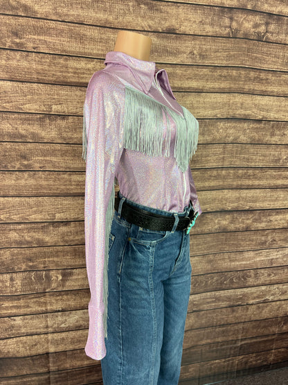 Lilac Sparkle Zipper Front Rodeo Shirt with Silver Fringe on Sleeves AND Yoke