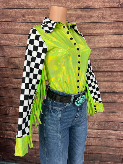Neon Lime Checks Snap Front Rodeo Shirt with 6" Thunderbird Fringe