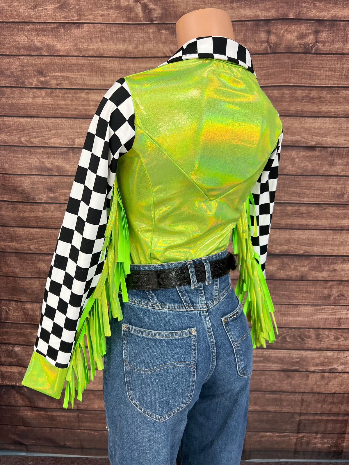 Neon Lime Checks Snap Front Rodeo Shirt with 6" Thunderbird Fringe