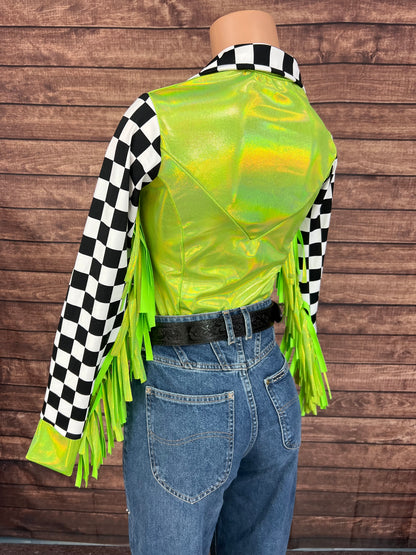 Neon Lime Checks Snap Front Rodeo Shirt with 6" Thunderbird Fringe