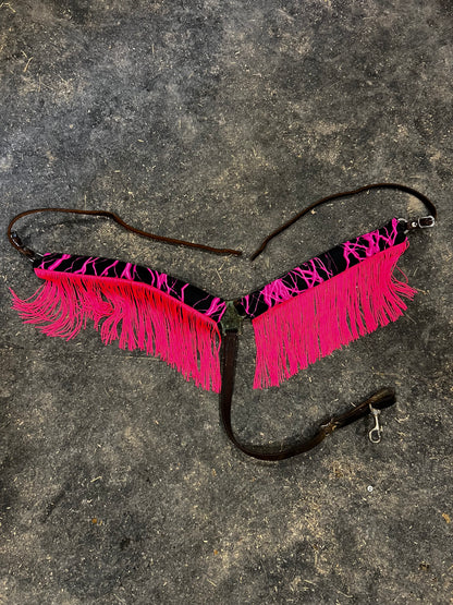 Neon Pink Lightning Breast Collar Cover with Chainette Fringe (Covers ONLY)