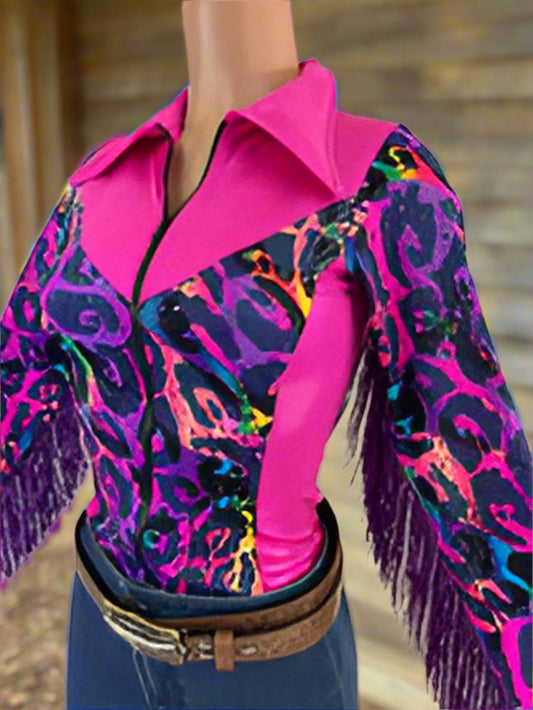 Neon Pink and Rainbow Leopard Rodeo Shirt Rodeo Shirt Riverside Rodeo Shirts 