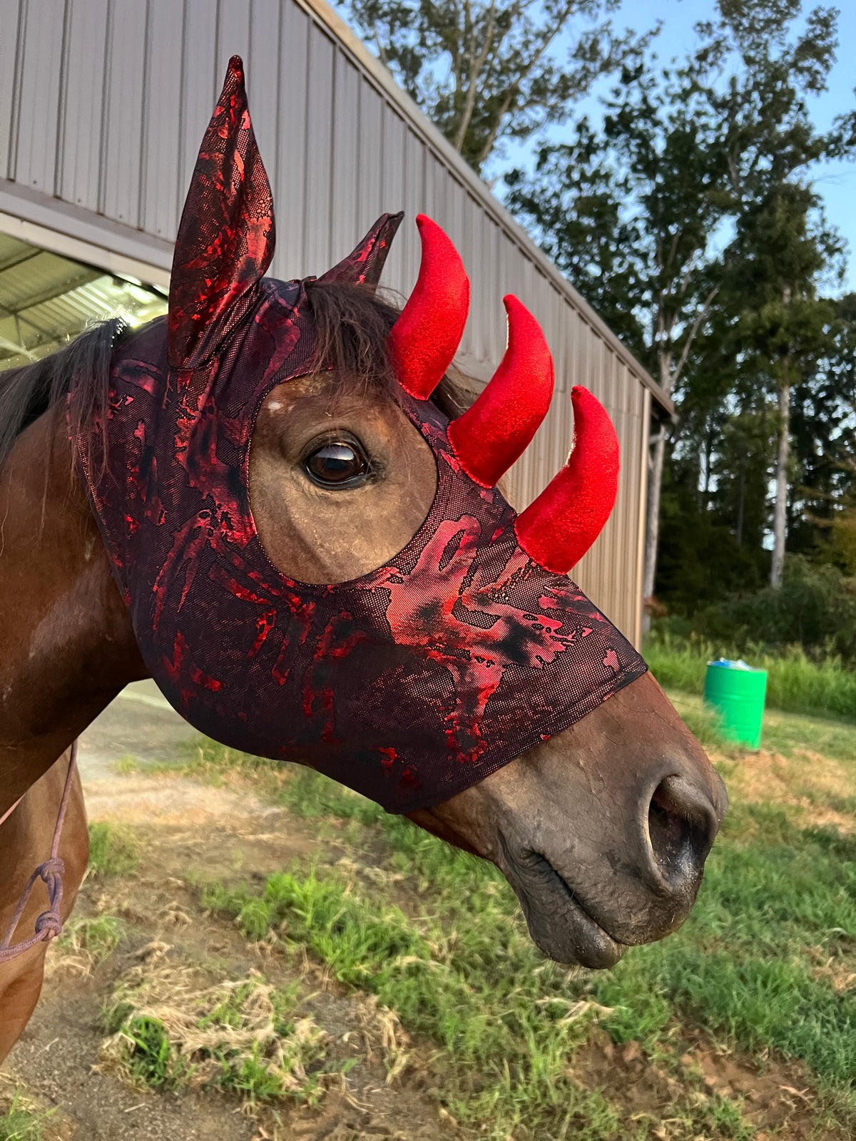Crimson Red Triple Horn Dragon Costume Mask for Horses